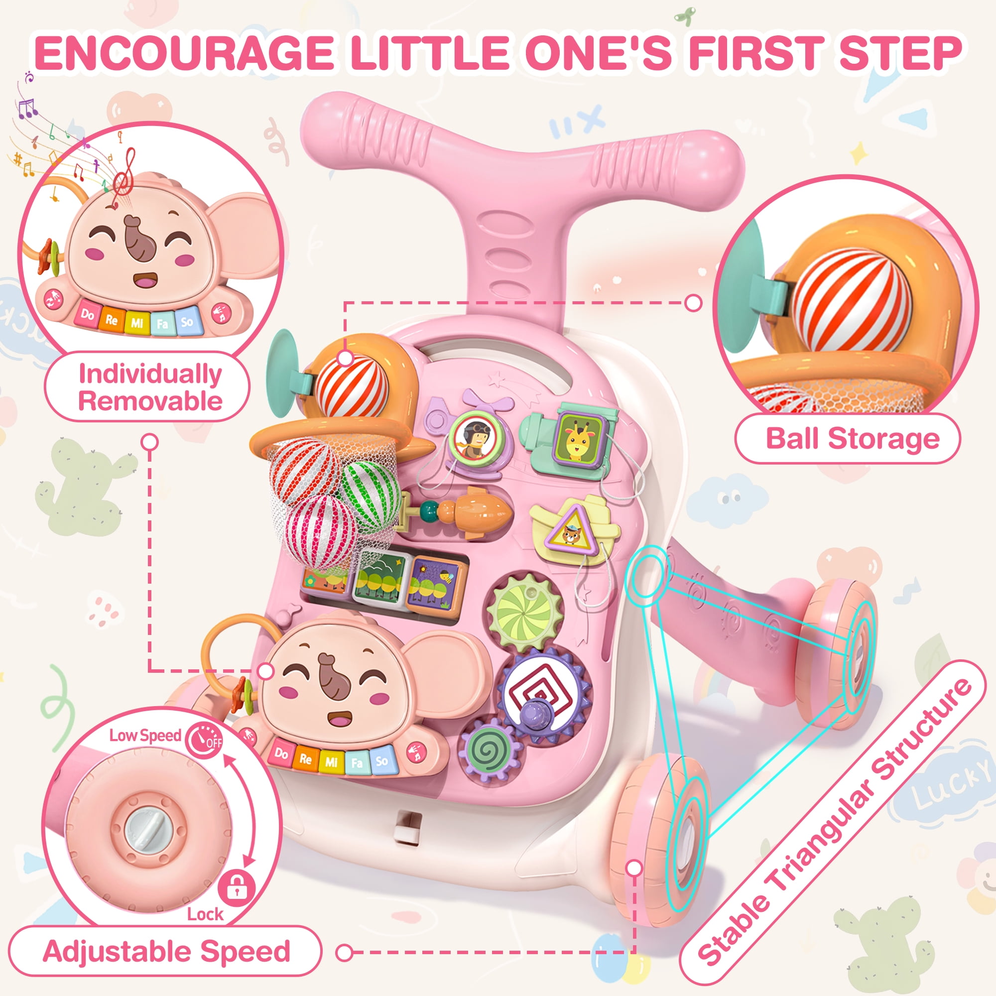 XUEYU Toddler Learning Table Infant Musical Learning Walker with Rolling, Pink Baby Activity Center, Learn to Walk Sit to Stand, 1 Count