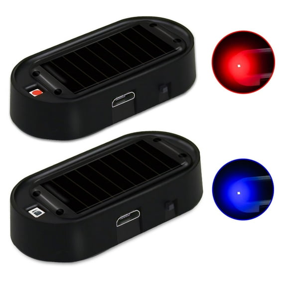 Solar Power Fake Car Alarm LED Light, Simulated Dummy Warning Anti-Theft LED Flashing Security Light, Car Alarm System Lamp with USB Port (2Pcs, Blue & Red)