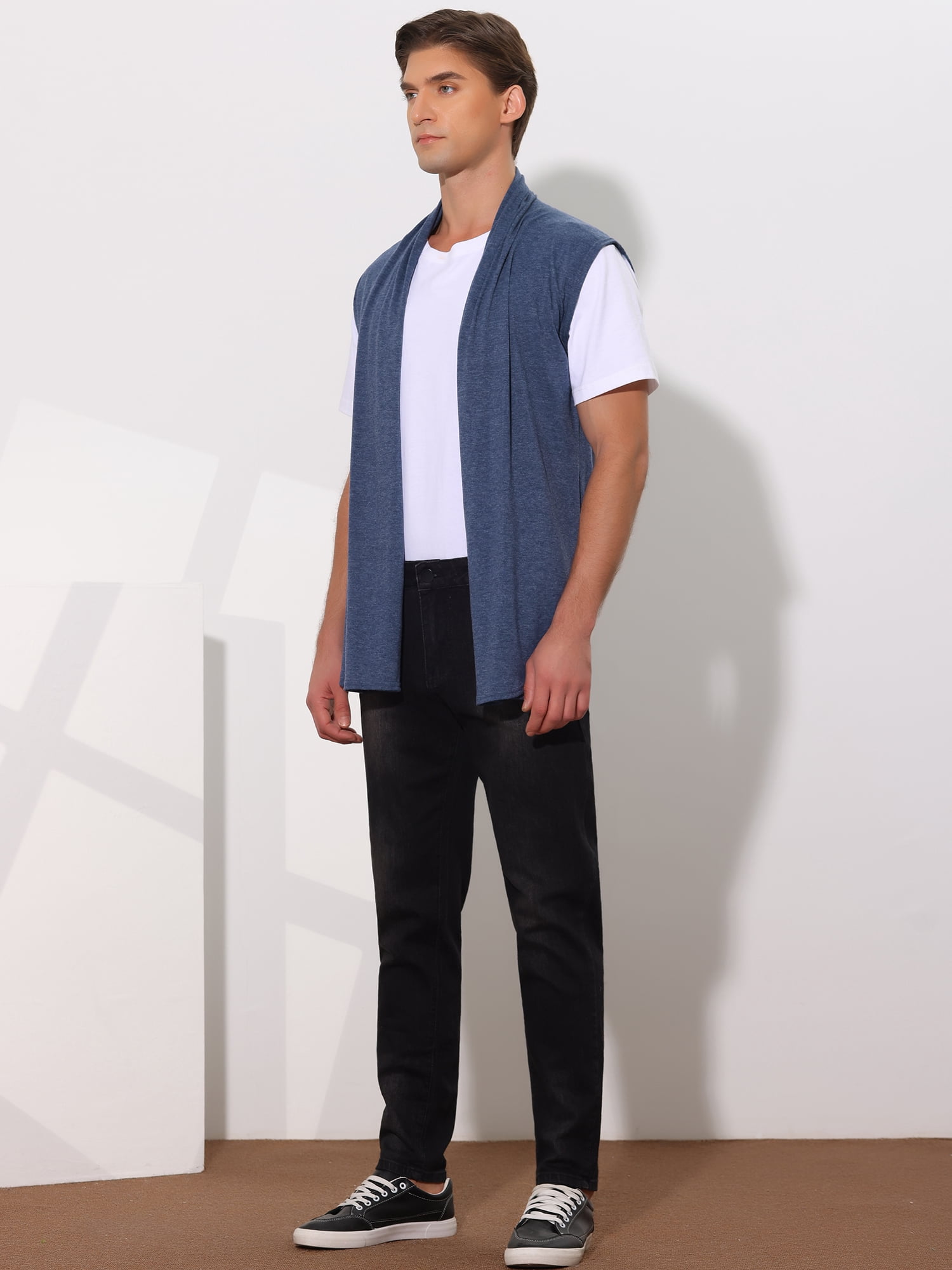 DARING DIVA Men's Sleeveless Open Front Asymmetric Hem Cardigan Vest 42 Navy Blue