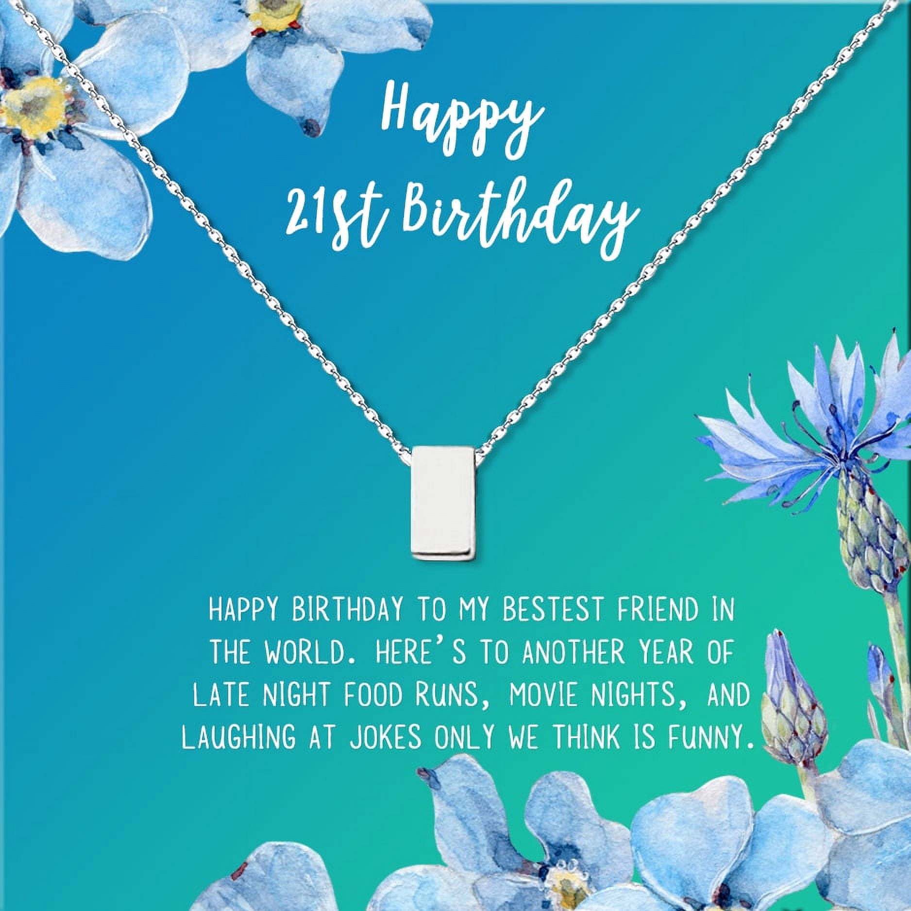 Anavia Happy 21st Birthday Gifts Stainless Steel Fashion Necklace Birthday Card Jewelry Gift for Her, Birthday Gift for Daughter-[Silver Cube, Bright Blue Gift Card]
