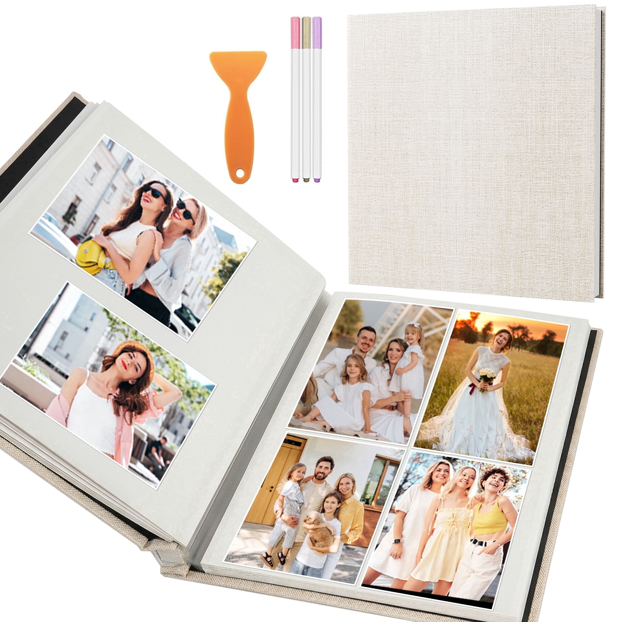 TickJOY Self Adhesive Photo Album Book 11×10.6" – Linen Large Scrapbook Album de Fotos for 4x6, 5x7, 8x10 Pictures, 40 Pages Magnetic Photo Album Scrapbook with 3 Metallic Pens – Beige
