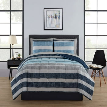Mainstays Blue Stripe 7 Piece Bed in a Bag Comforter Set with Sheets, Full