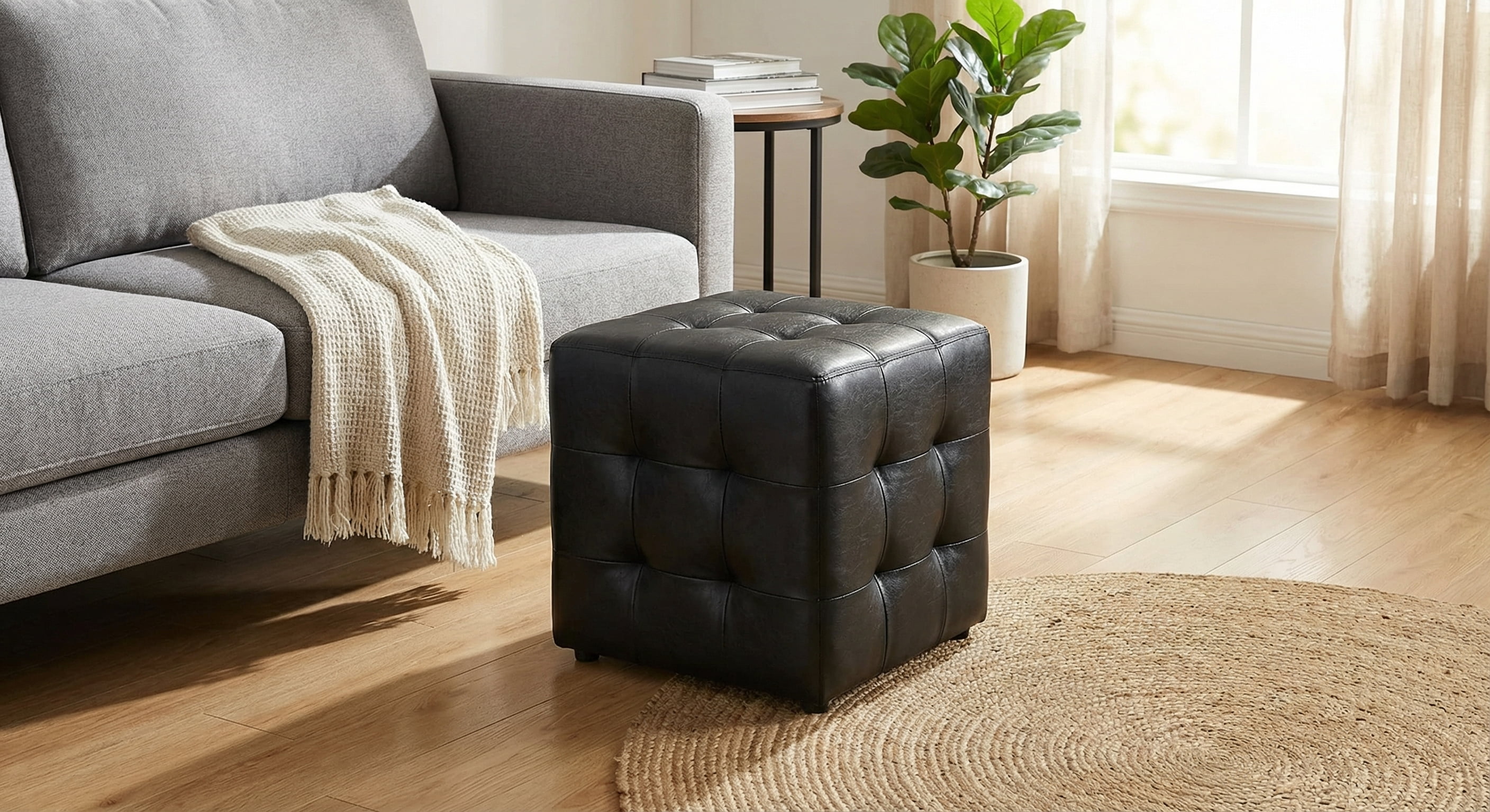Cortesi Home Braque Black Tufted Cube Ottoman in Leather like Vinyl
