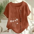 thumbnail image 2 of Ecqkame Women's Flowers Printed T-Shirts Short Sleeve Round Neck Button Blouses Lightweight Fashion Casual Summer Tops Brown M, 2 of 5