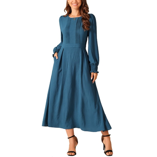 Vestido midi A-line con cuello redondo, mangas largas, volantes y bolsillos en azul pavo real para mujer Inspire Chic