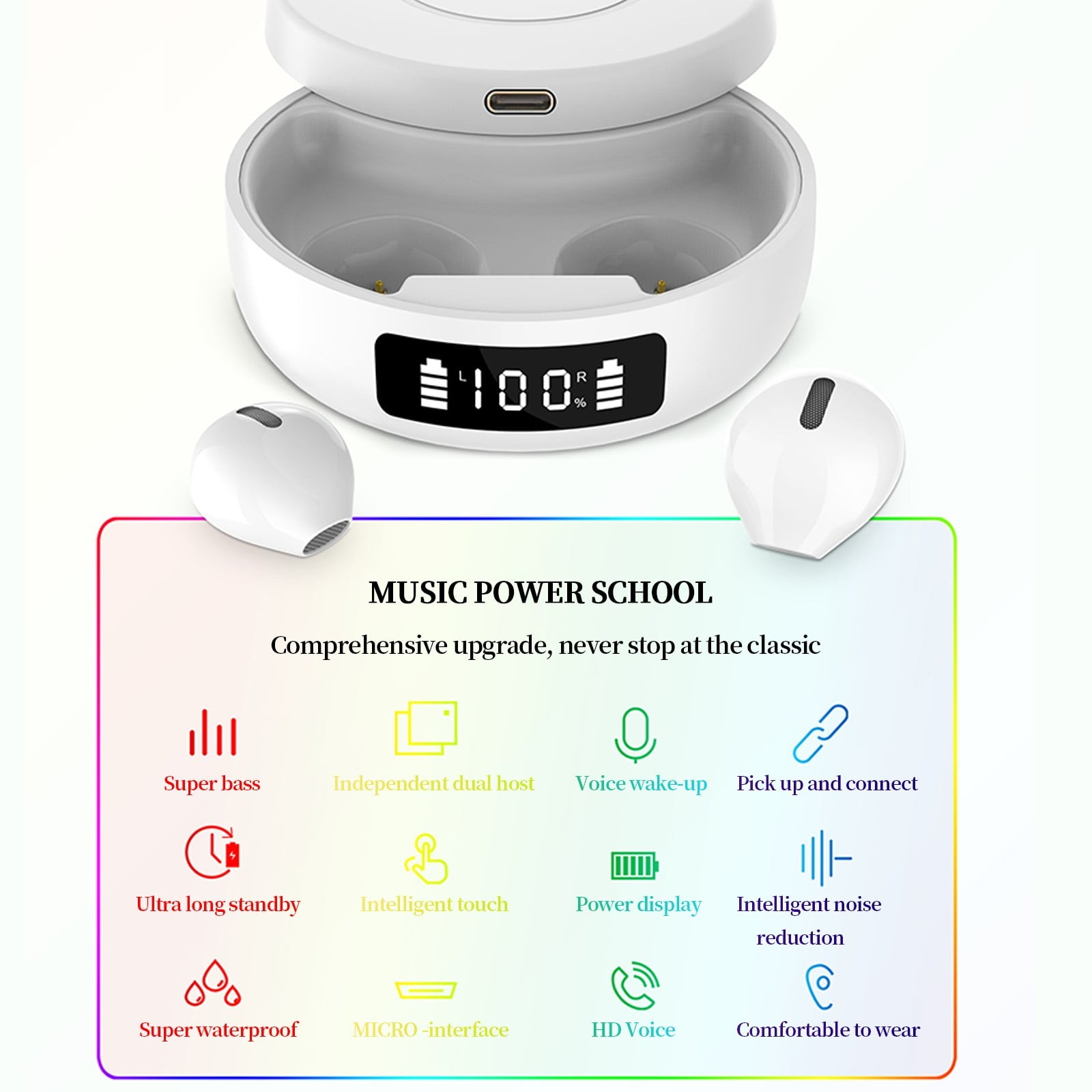 Bluetooth Headphones True Wireless Earbuds 60H Playback LED Power Display Earphones with Wireless Charging Case IPX5 Waterproof in-Ear Earbuds with Mic for TV Smart Phone Laptop Computer Sports,White