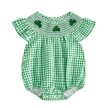 WERYOUNG Girls Boys Bodysuits Summer Unisex Plaid Printed Clover Embroidery Round Neck Short Sleeve Bodysuit Leisure Daily Wear Onesie,Green,12-18 Months