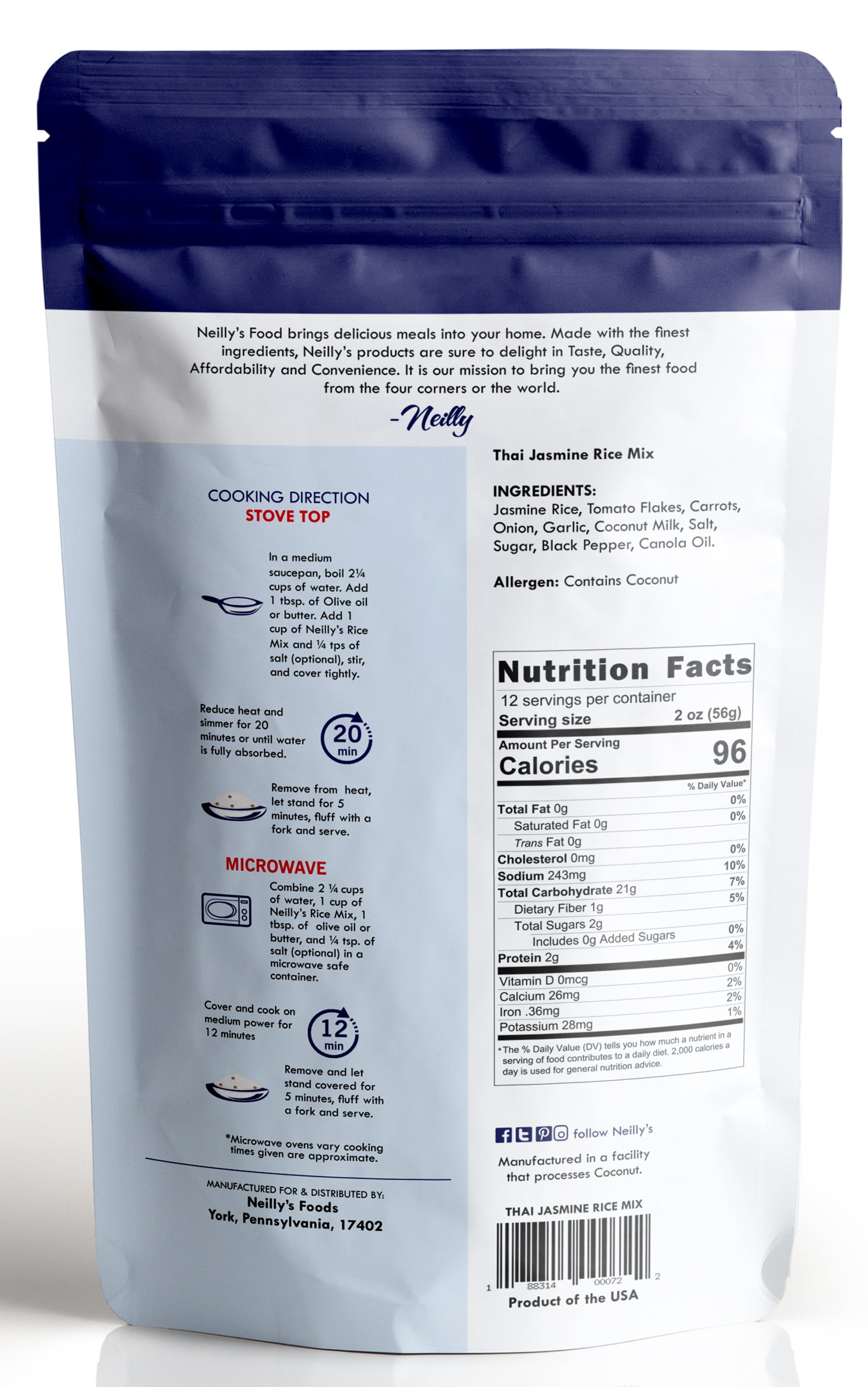 Neilly's Thai Jasmine Rice Mix - 3 - 16oz resealable bags (Serves 8)