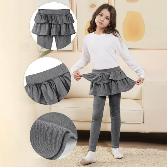 BRGZLK Girls Leggings Elastic Girls Version Skirts Solid Color Uniform Pants Double Layer Skirt Pants Cozy Winter Warm Leggings Gray 7-8 Years