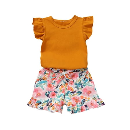 

Carolilly Baby Girls 2-piece Outfit Set Fly Sleeve Tops+Floral Print Shorts Set