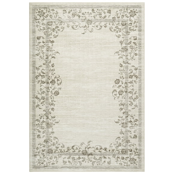 Washable Area Rug - Soft Non-Slip Low Pile Modern Floral Bordered Carpet, Mark Resistant Accent Rug for Living Room, Bedroom, Dining Room, Office - Beige, 5x7ft (152x213cm), USA Stock