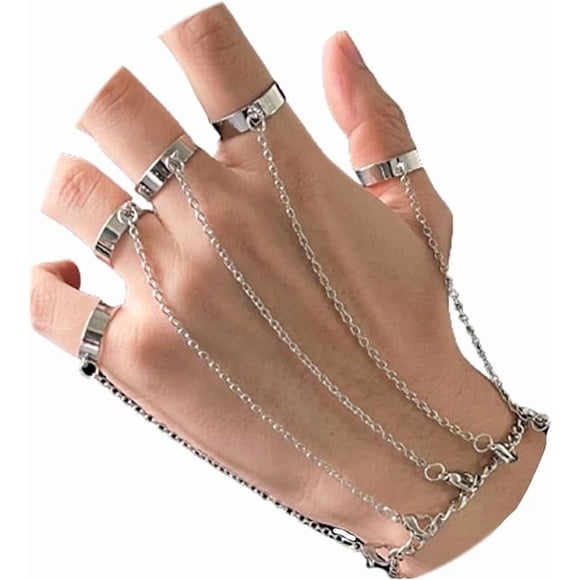 Pulsera de eslabones con anillo de dedo unk, ajustable, con banda abierta, cadena y arnés de mano, para mujeres y hombres, color plata, 20 cm