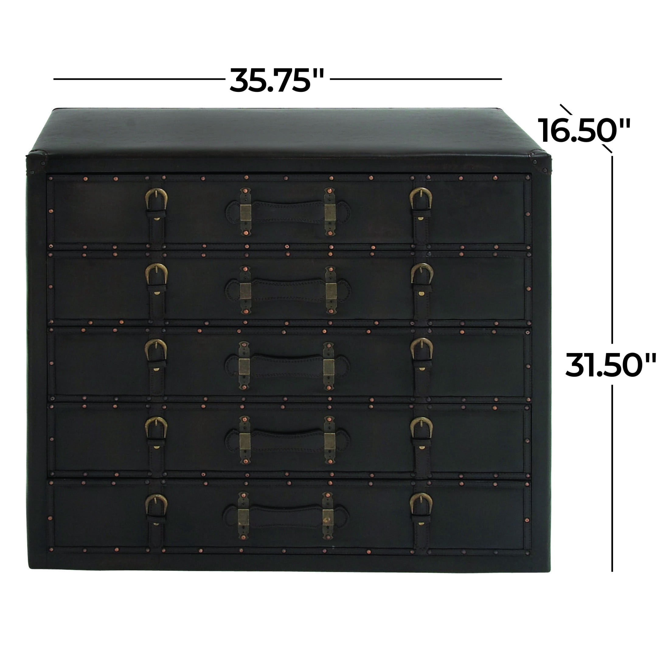 DecMode 36" x 32" Black Faux Leather Vintage Trunk Chest with Gold Studs and Buckle Details, 1-Piece