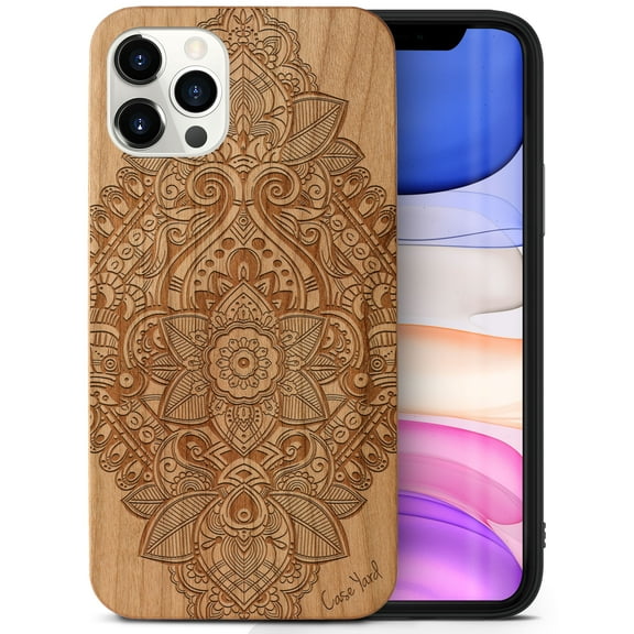 Case Yard Wooden Case Outside Soft TPU Silicone Slim Fit Shockproof Wood Protective Phone Cover for Girls Boys Men and Women Supports Wireless Charging Bohemian Flower Design case for iPhone-12/12-Pro