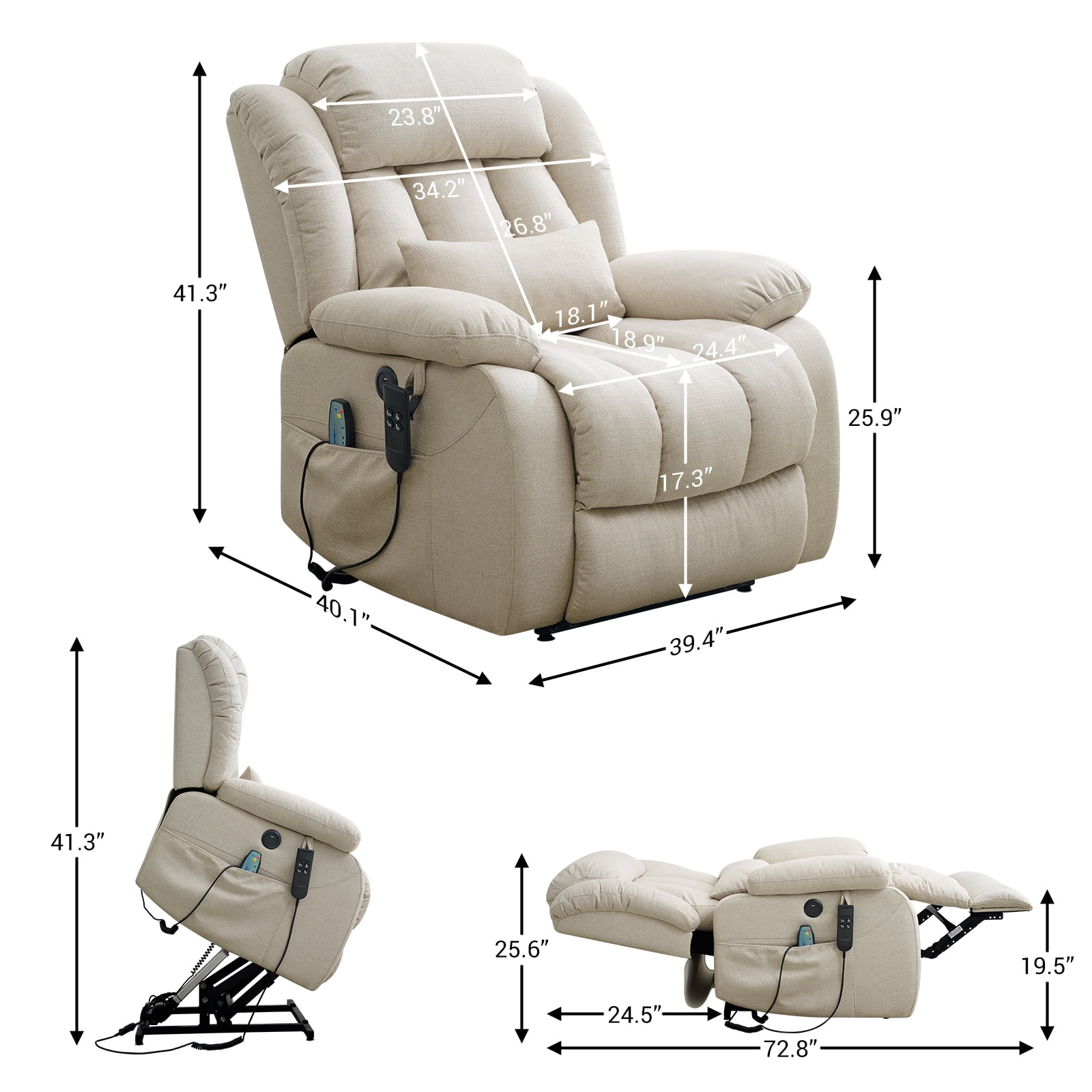 TEKAMON Infinite Position Lift Recliner Chair for Elderly with Heat and Massage Lay Flat Sleeping Power Lift Chair, Linen Fabric, Beige