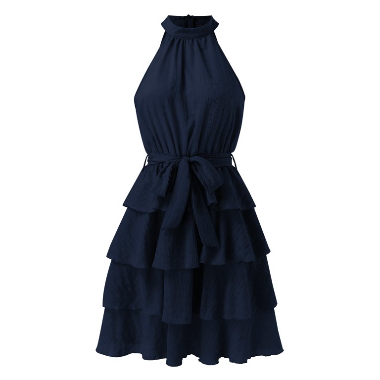 Women Ruffled Layering Casual Short Dress Hanging Neck Pleated Sleeveless  Solid Color Elegant Mini Dress Tie Waist Bandage Party Dress Summer Dress  for Women Blue M - Walmart.com