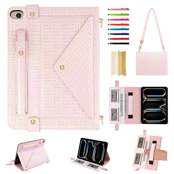 Colorful Handbag for iPad mini 1/2/3/4/5, Stand PU Leather Protection Cover with Crossbody Strap & Handstrap with elastic, Multi-Card Slots Cash Pocket Pen Slot Envelope Case, Pink