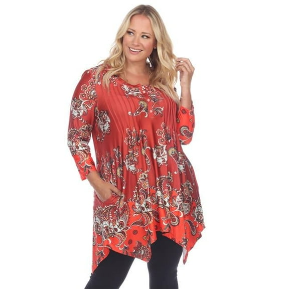 PS1326-32-3X Plus Size Paisley Scoop Neck Tunic Top with Pockets, Red - 3X