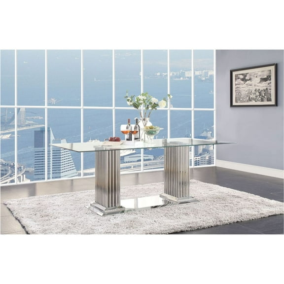 Acme Cyrene Dining Table with Double Pedestal in Stainless Steel and Clear Glass