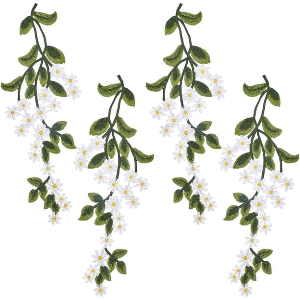 2 pares de apliques de encaje floral con hojas verdes, hojas de enredadera, parches de flores de hojas verde bosque, ribete de encaje bordado, apliques de margaritas para coser manualidades