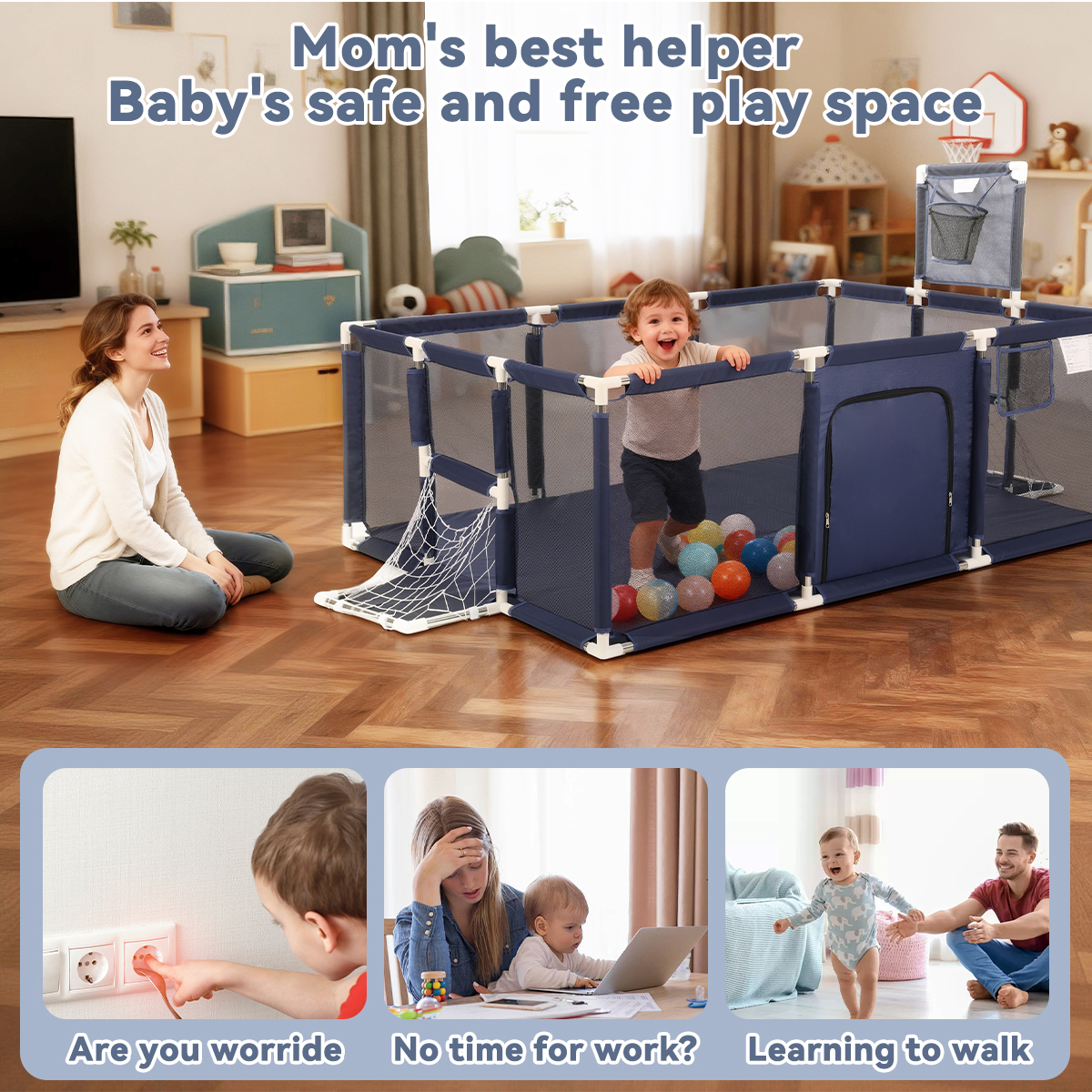 Baby Playpen,71x48inch Large Play Yard for Babies Toddlers, Sturdy Safety Baby Play Area Center Twins, Blue
