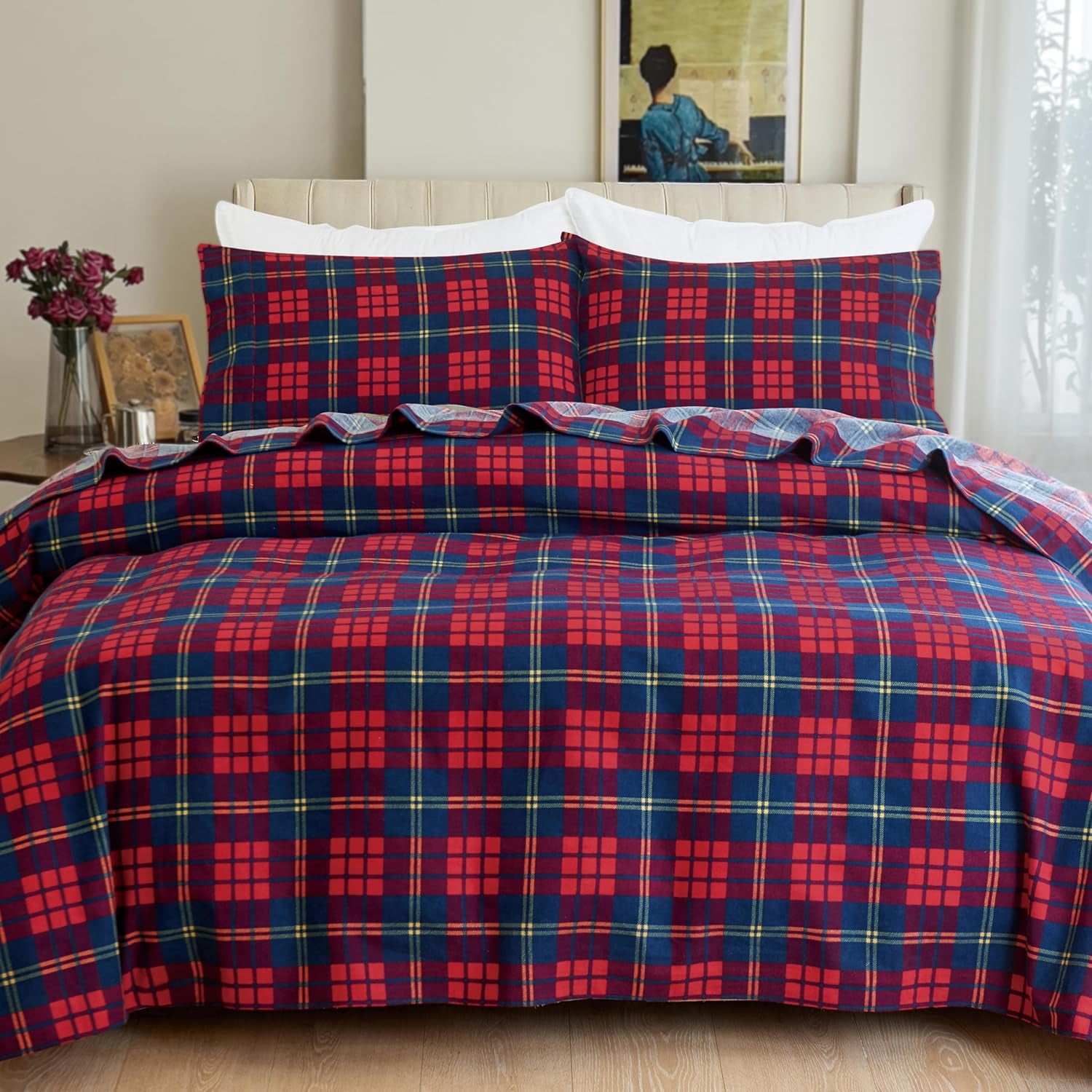 Elegant Comfort Soft 4-Piece Cotton Flannel Sheet Set -Deep Pocket Fitted Sheet, Flannel Sheets - Twin, Plaid-Red/Navy