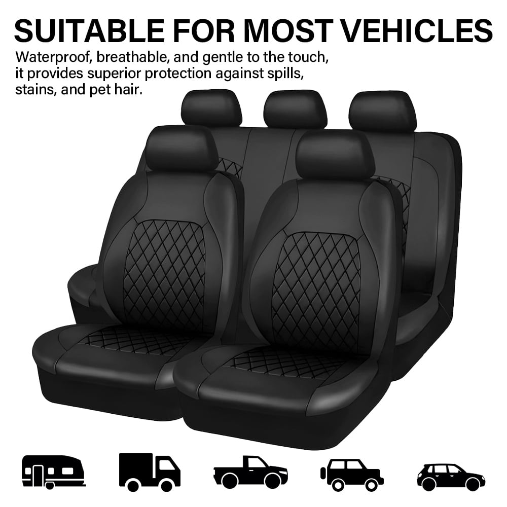 XiongXiong 9 Pcs PVC Leather Car Seat Covers Full Set, Front & Rear Bench Waterproof Seat Cover Fit for SUV,Sedan,Van, Airbag Compatible, Black