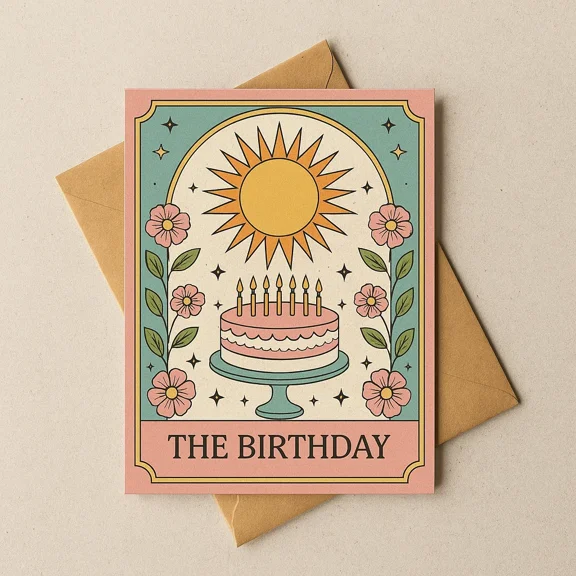 Colorful Floral Birthday Card – Vibrant Cake and Sun Design – Envelope Included, Blank Interior – Ideal for Celebrating Birthdays and Sending Warm Wishes