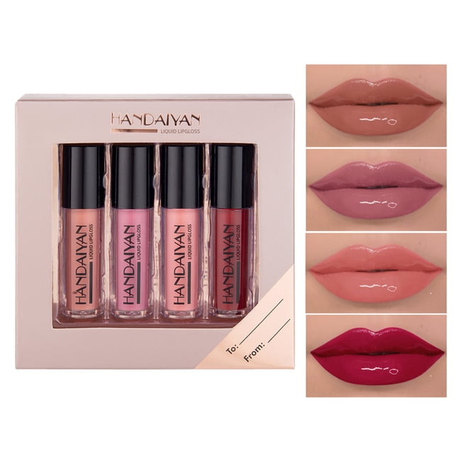 Juego de 4 Labiales Espejo HANDAIYAN: Larga Duración, No Se Pegan, Ideal para Regalo - Set 01# con 4 Tonos Deslumbrantes, Fácil Aplicación y Acabado Brillante o Mate.