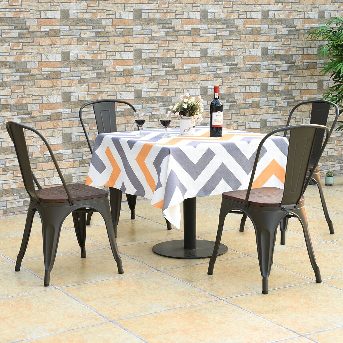 Costway Set of 4 Style Metal Dining Side Chair Wood Seat Stackable Bistro Cafe Brown