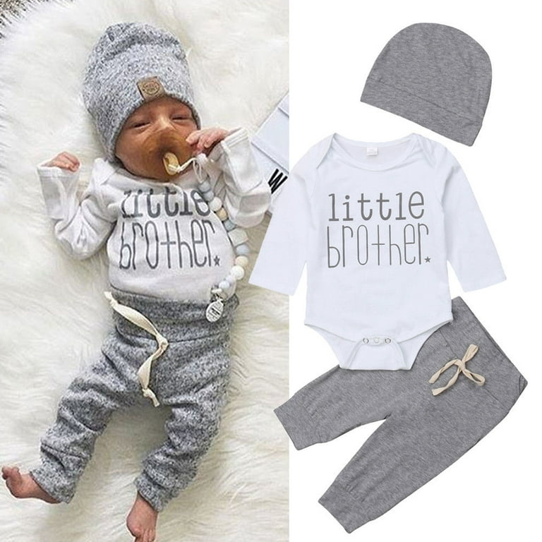 Qtinghua 3Pcs Newborn Baby Boy Clothing Little Brother Romper Bodysuit +  Long Pants + Hat Outfits Gray 0-3 Months