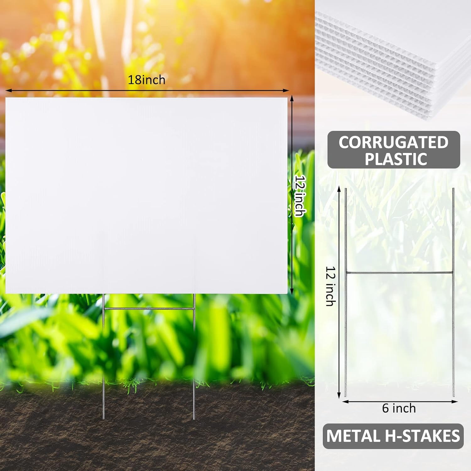 24 Sets Blank Yard Signs with Stakes Waterproof Double Sided Corrugated Lawn Symbol for Party Decorations, Garage Sale, Guidepost, Open House (White)