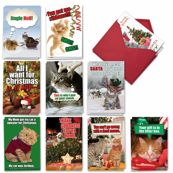 20 Assorted Set Funny Christmas Greeting Cards - PetiGreet Cats - Season's Greetings with Felines in Antlers, Sweaters, and Santa Hats