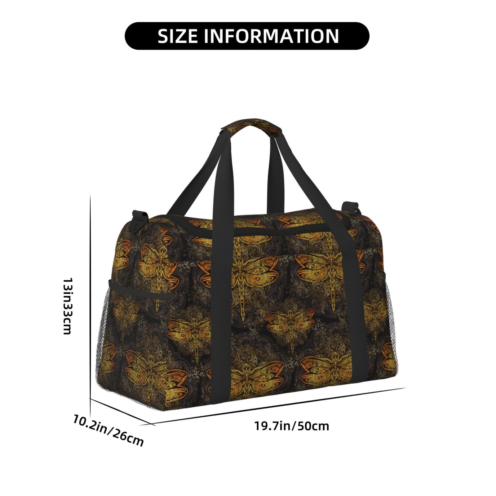Fuzoiu Gold Dragonfly Mandala Print Travel Duffle Bag,Carry On Tote Bags,Duffel Bag,Sport Gym Bag, Hospital Bag for Labor and Delivery, Overnight Bag,Luggage Bag