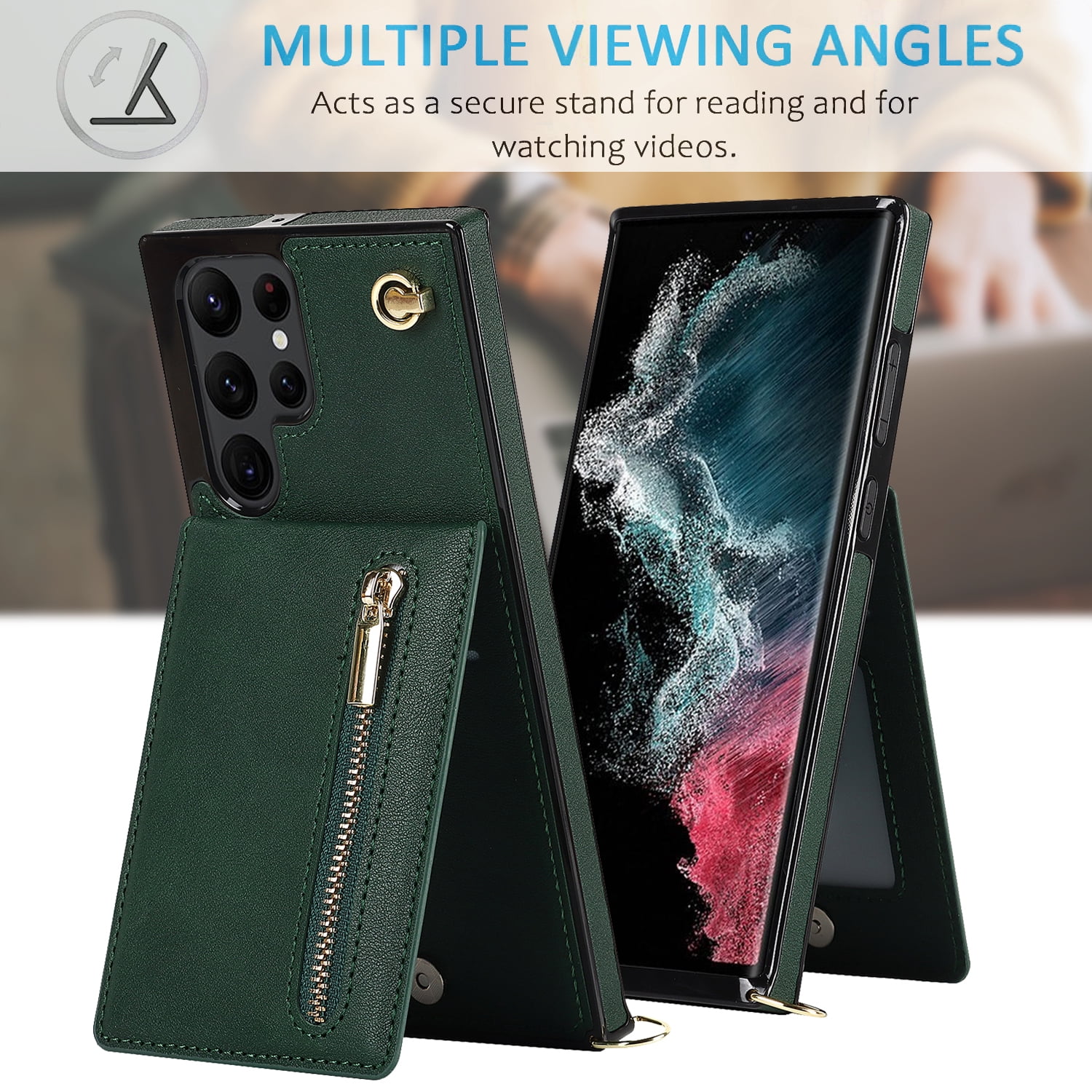 Dteck Flip Leather Wallet Case for Samsung Galaxy S24 Ultra, Crossbody Wallet Case with Credit Card Holder Zipper Pocket Lanyard Shoulder Strap, Kickstand Phone Cover for Samsung S24 Ultra,Green