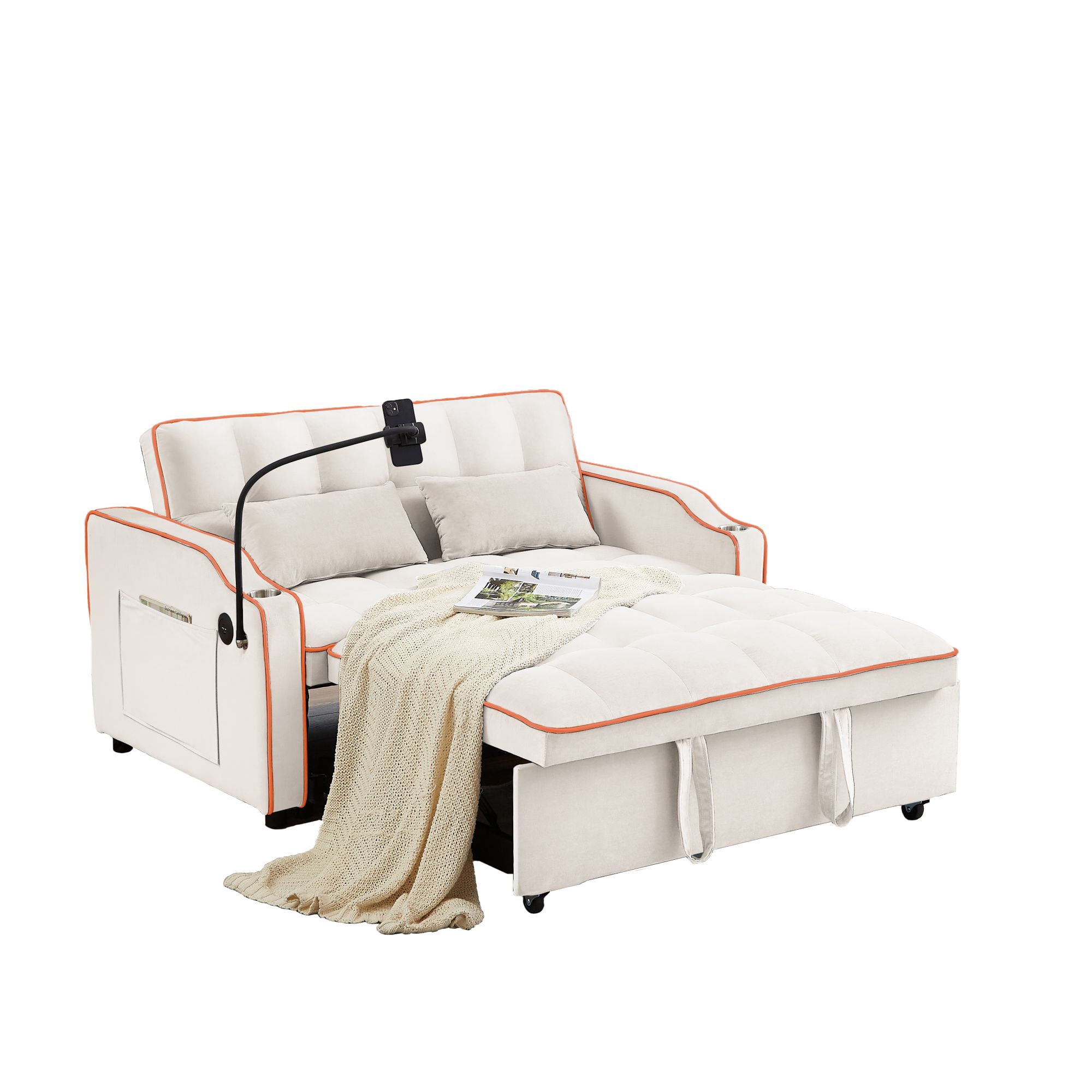 Aukfa Pull Out Sofa Bed, Convertible Loveseat Sleeper Sofa Couch with USB Port, Cup Holders and Swivel Phone Holder, Beige
