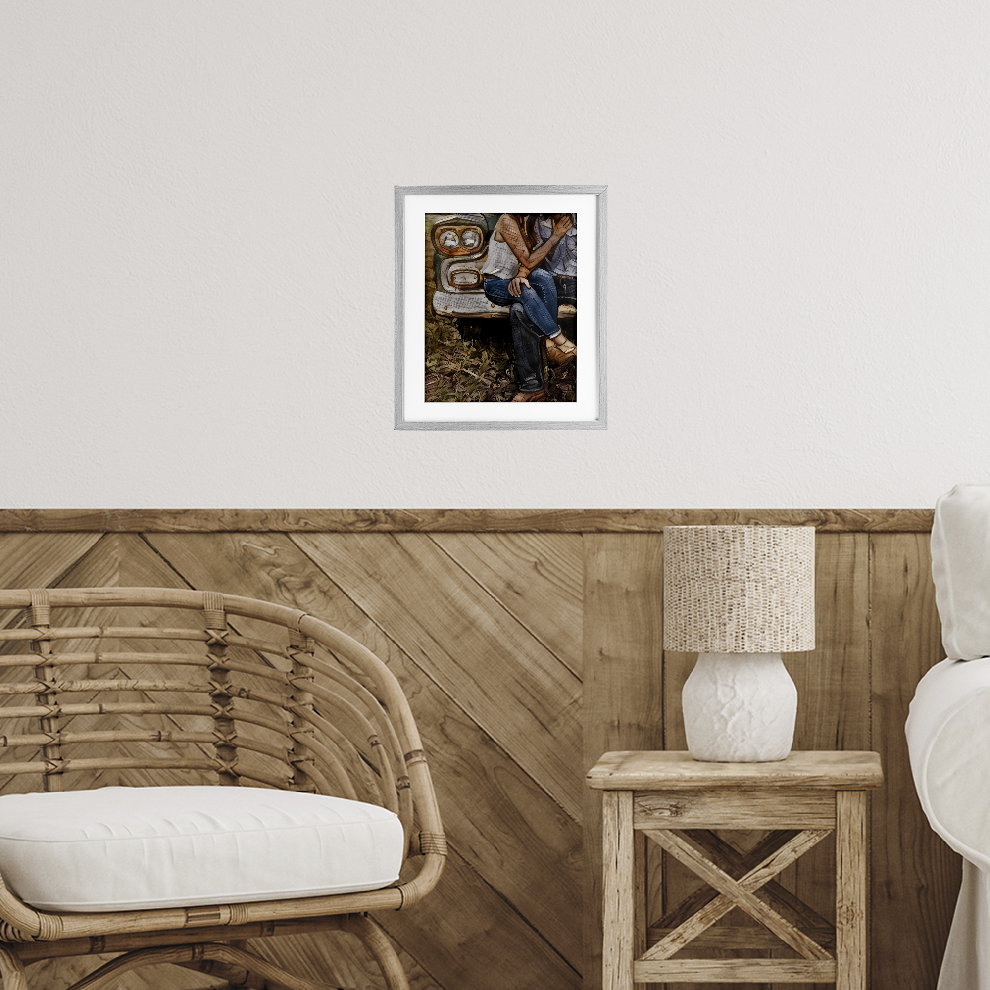 Crossed Legs & Trucks Gray Framed Print Under Glass, design by Jesse Keith