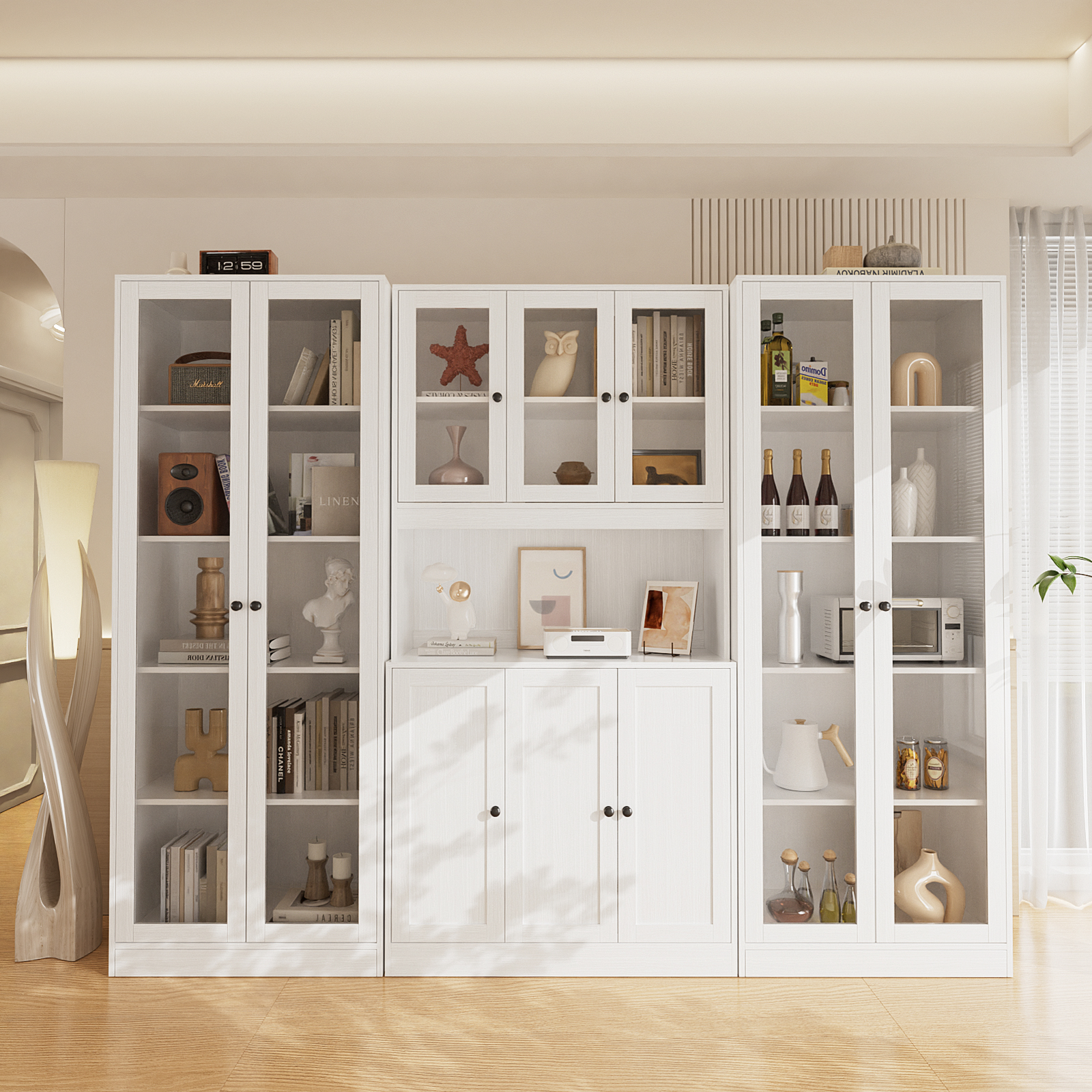 RichYa 71"H Display Cabinet with Glass Doors,5 Tier Kitchen Pantry Cabinet with Shelves for Dining Room,Living Room,C(White)