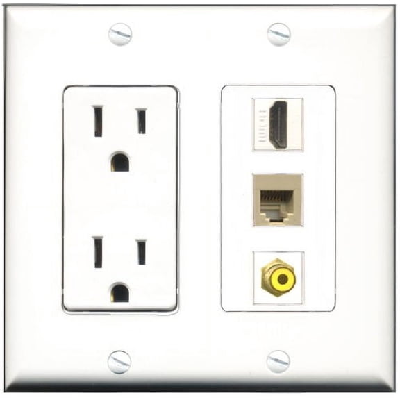 RiteAV - 15 Amp Power Outlet 1 Port HDMI 1 Port RCA Yellow 1 Port Phone Beige Decorative Wall Plate