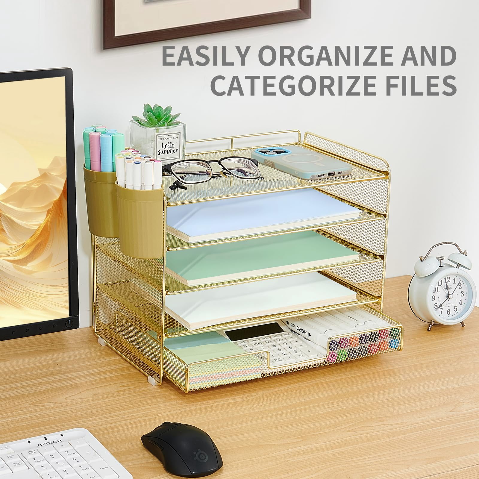 Desk Organizers And Accessories  5-tier Paper Letter Tray Organizer With Drawer & 2 Pen Holders Desktop For Office Supplies (gold)
