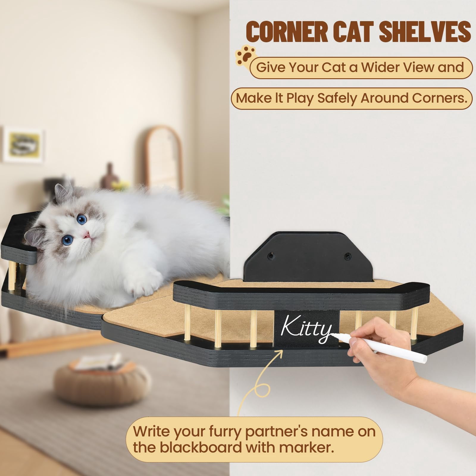 Cat Wall Furniture Wall Mounted, 2PCS Cat Shelves and Cat Perches for Wall with 3 Cat Wall Steps and Scratching Pad, Cat Wall Shelves Fit Cat Up to 15Lbs, Wood Cat Hammock Wall Mount (Black)