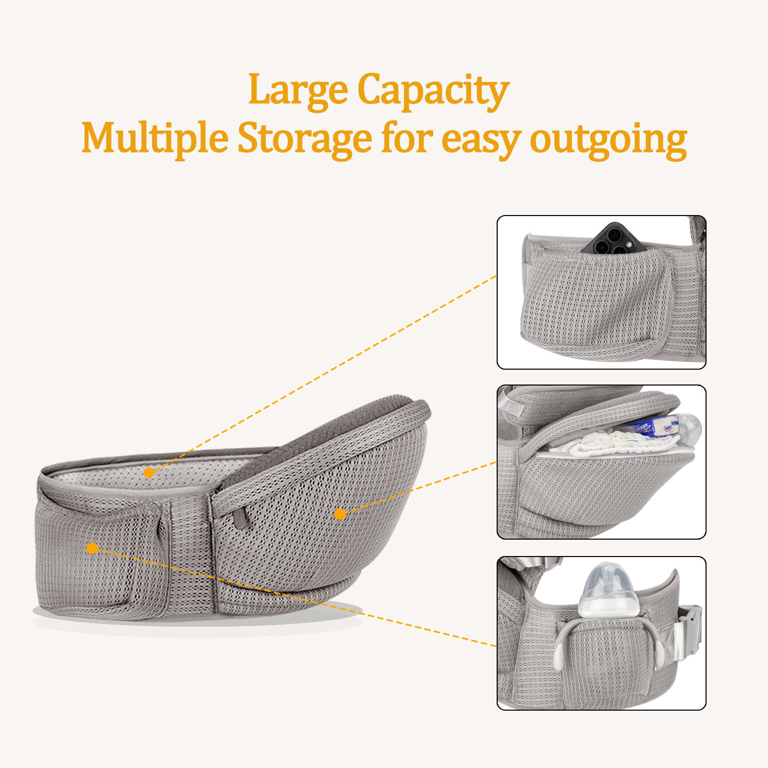 Baby Hip Carrier - Hip Carrier for Baby with Baby Safety Strap - Toddler Carrier 7-45 lbs - Ergonomic Infant Holder Baby Carrier with Hip Seat Large Capacity Pockets