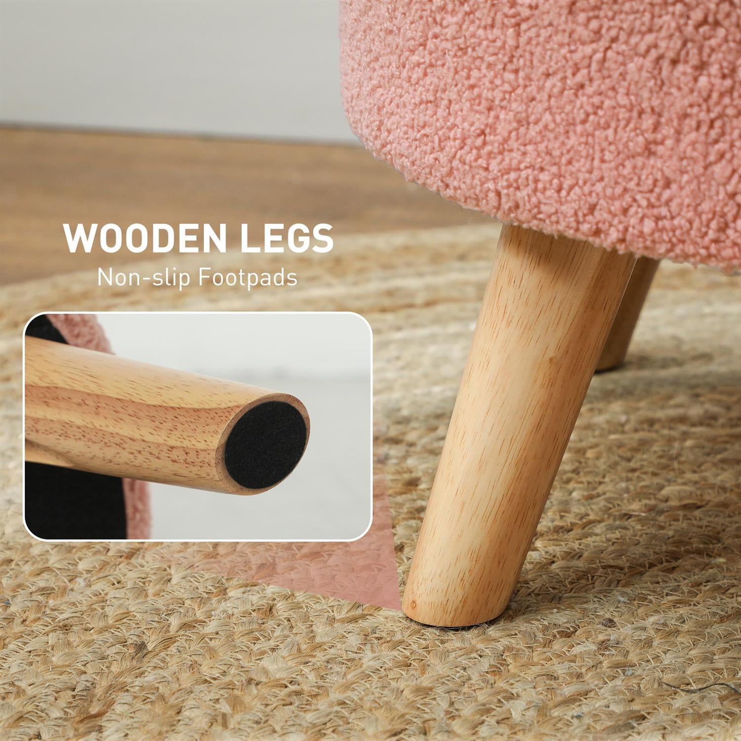 Demi Bonn 15" Ottoman Stool with Storage and Padded Seat, Round Footstool with Hidden Space and Wood Legs for Living Room, Pink