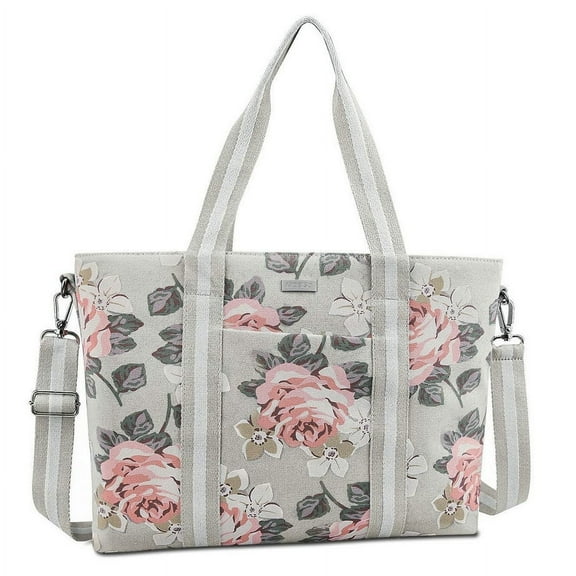 Mosiso Laptop Tote Bag (Up to 17.3 Inch),Canvas Classic Travel Shopping Carrying Shoulder Handbag Compatible Notebook/Ultrabook/Chromebook,Peony
