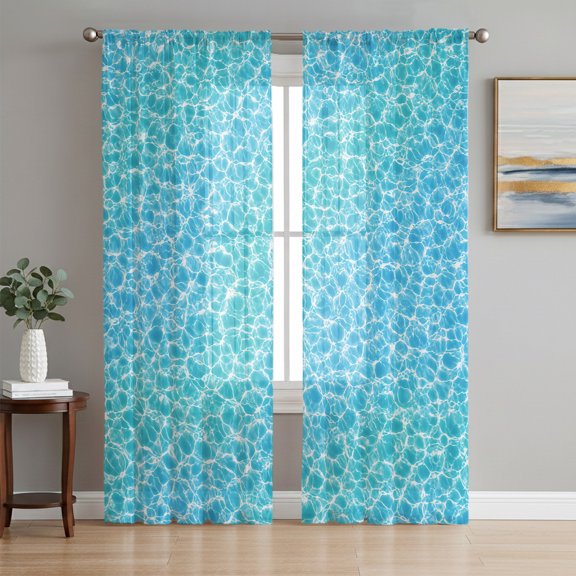 Blue Coastal Sheer Curtains 96 Inch Length 2 Panels Set, Nautical Ocean Waves Water Texture Voile Window Treatment Semi Sheer Long Curtains Drapes for Bedroom/Living Room/Kitchen 52"x96"x2