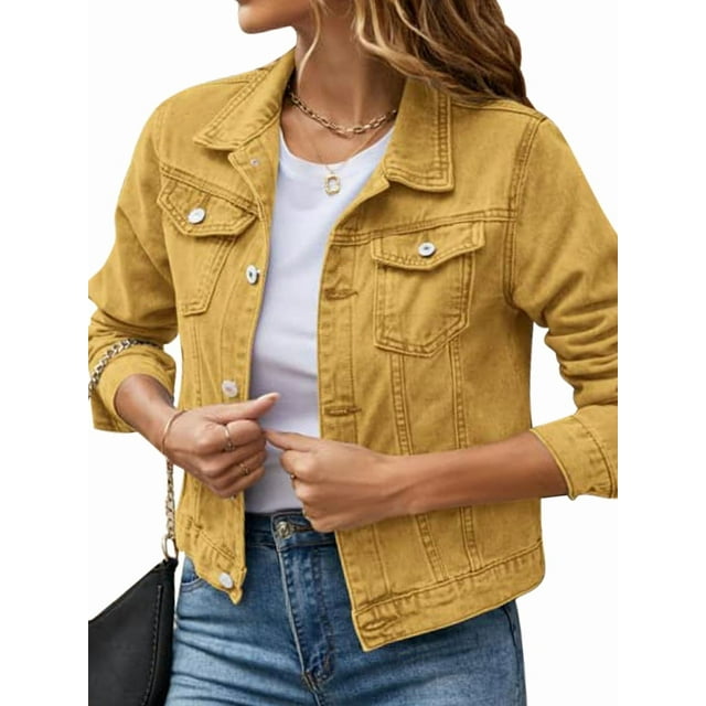 Jean Jackets for Women Basic Long Sleeve Button Down Denim Jacket Cropped Fashion Jean Jacket Earth Yellow M