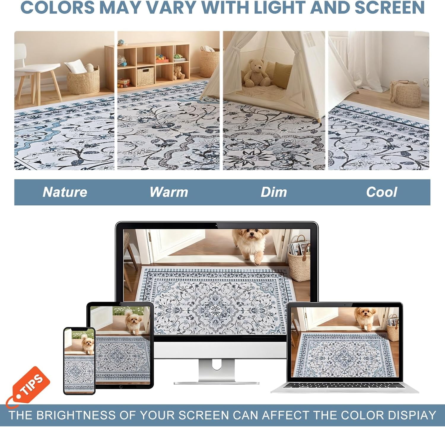 Bleum Cade Large Area Rug for Living Room, 5x7 Machine Washable Boho Rug for Bedroom, Soft Low Pile Non Slip Boho Dining Room Rug, Floral Vintage Floor Carpet for Bedroom Home Office,Blue