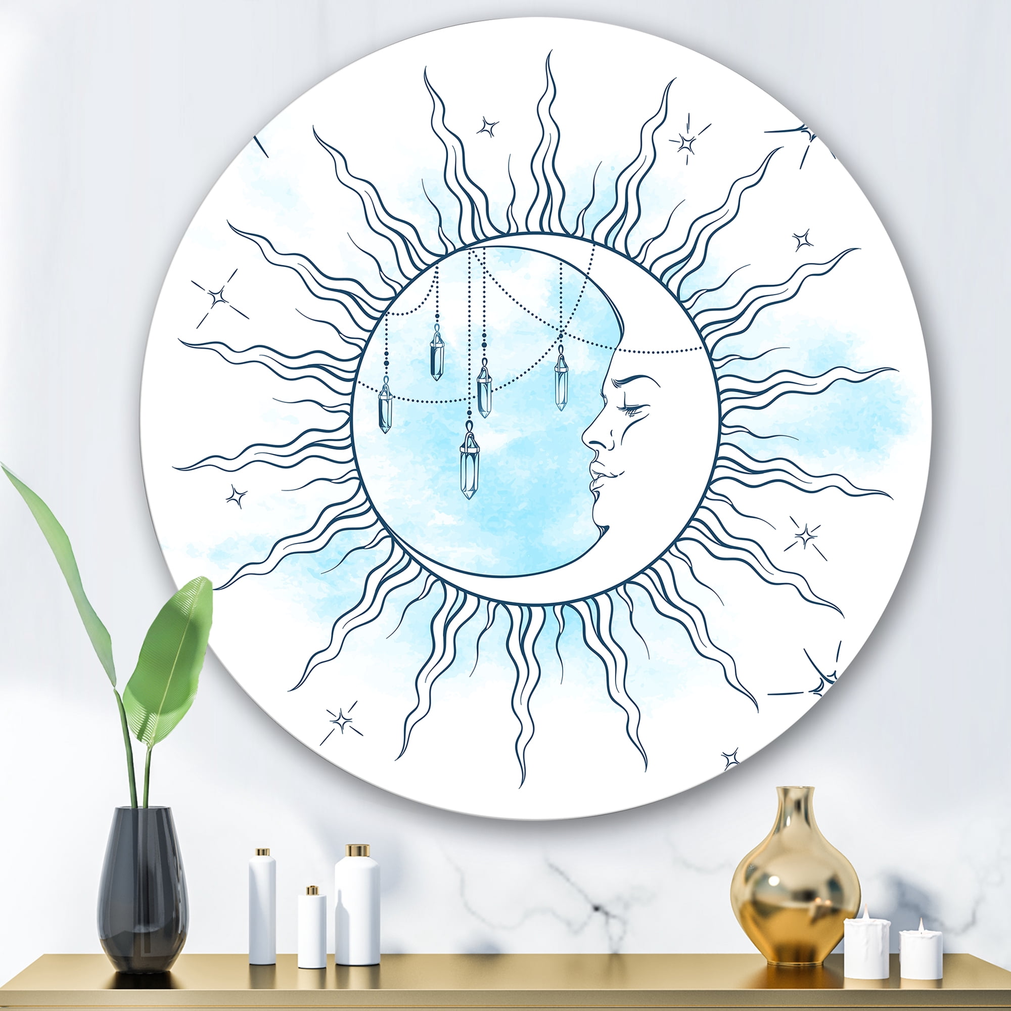 Designart 'Blue Crescent Moon With Stars and Moonstone Pendants' Bohemian & Eclectic Circle Metal Wall Art 29x29 - Disc of 29