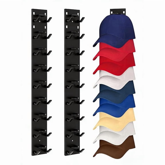 2 Pack Hat Organizer for Baseball Caps, Strong Adhesive Hat Rack for Wall, Multilayer Hat Storage Display Holder, Wall Mounted Hat Hooks Hold up to 18 Hats for Closet Door and Bedroom (Black)