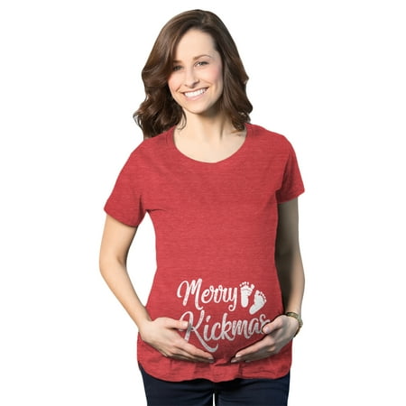 

Maternity Merry Kickmas Pregnancy Tshirt Cute Christmas Tee (Heather Red) - S